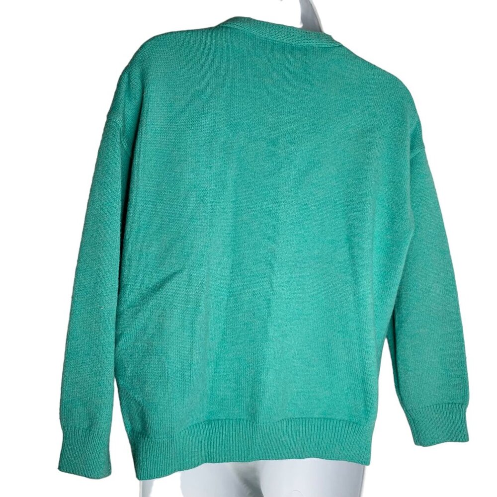 Embroidered Knit Cardigan Sweater M Blue Green Buttons V Neck Yarn Flowers Beads - Picture 5 of 5